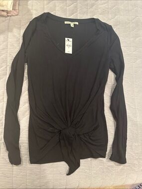 Express Black Long Sleeve V-Neck Front Tie Top